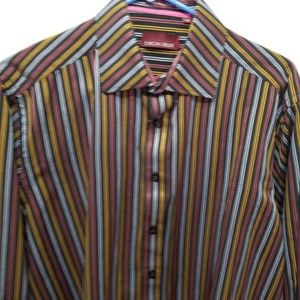 Men Dress Shirt Excalibur Black Size 44 Long Sleeve Button Up Striped